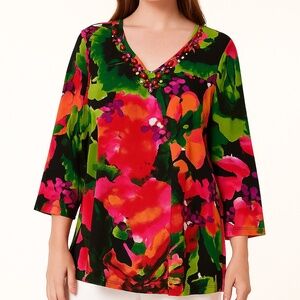 Susan Graver Blouse Top Womens 1X Red Green Black Artsy Jeweled Holiday Party